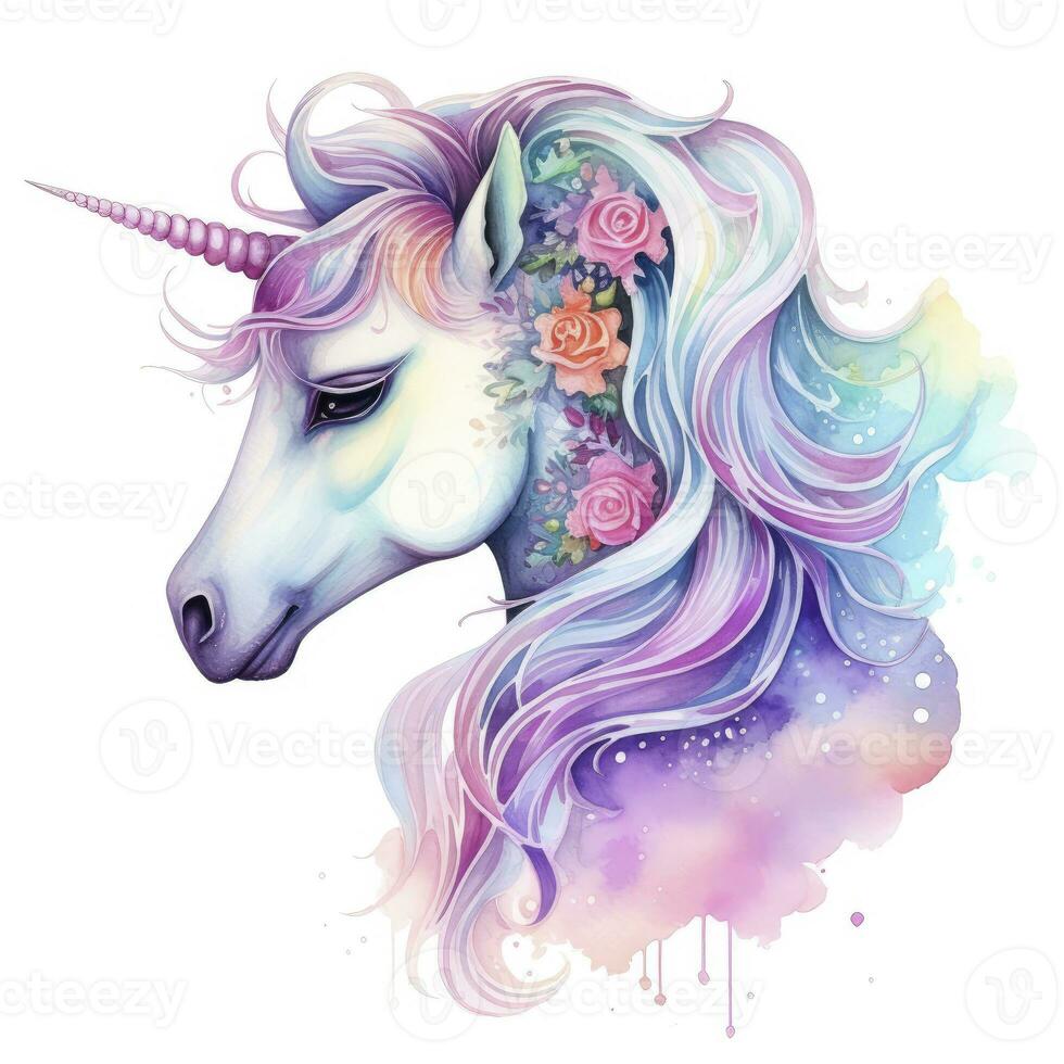 AI generated Watercolor fantasy unicorn clip art. AI Generated photo