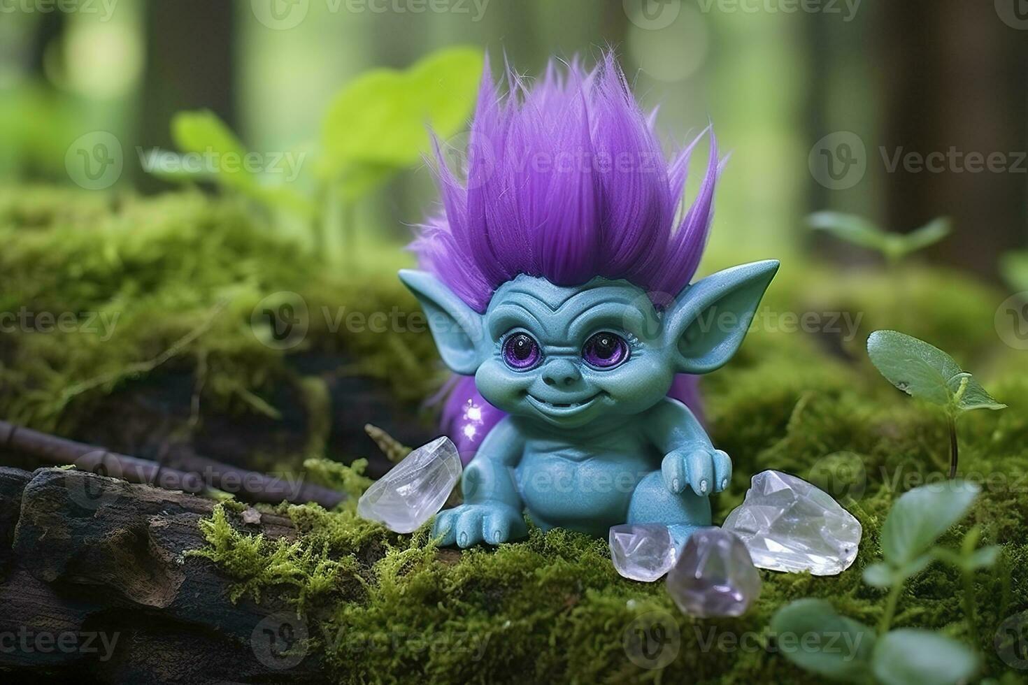 AI generated Tale troll with crystals in the forest, natural green background. Generative AI photo