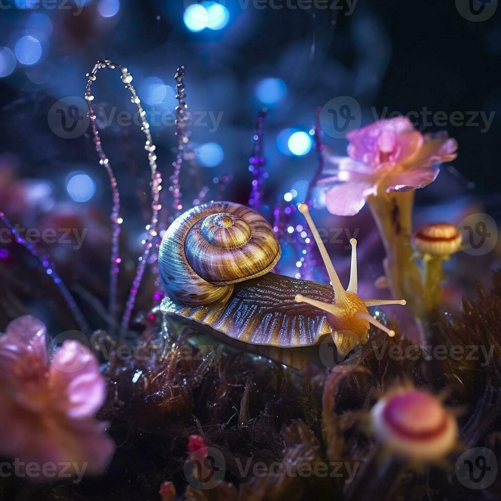 AI generated Iridescent Snail in a Fairy Forest, Close Up of a Shimmering Shell. AI Generative photo