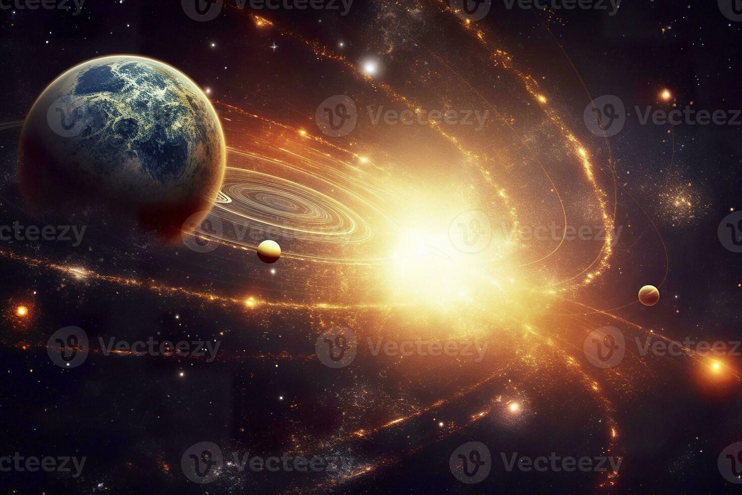 AI generated Our 3d Solar system with planets in orbits path. AI Generative photo