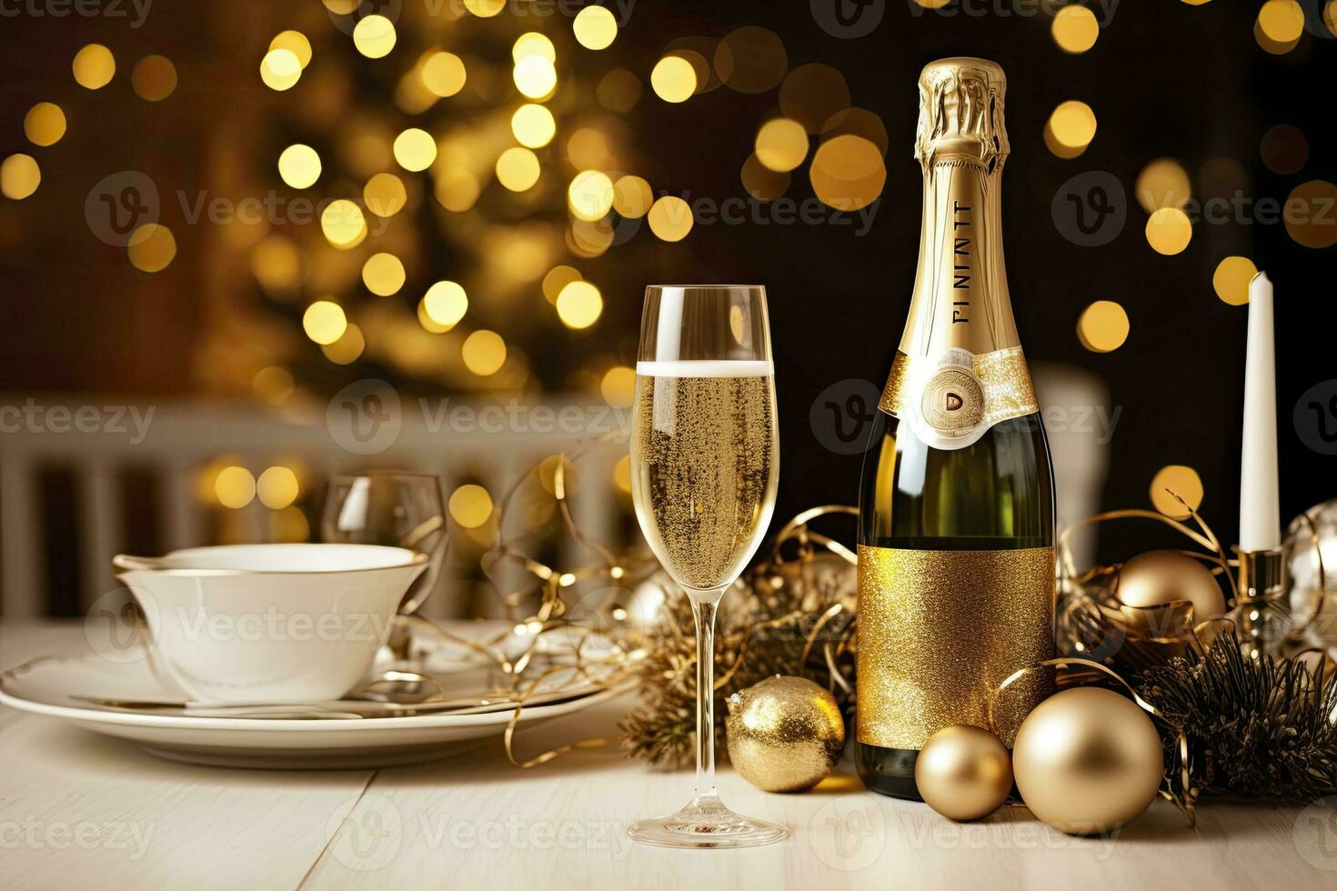 AI generated Christmas table setting with holiday decorations in gold color. AI Generated photo