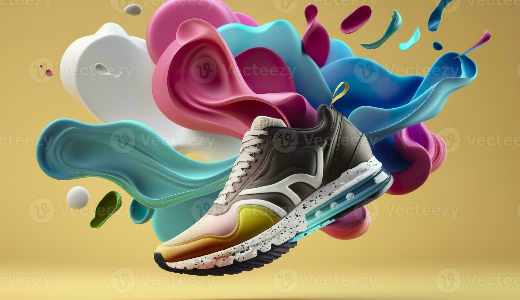 AI generated Flying trendy sneakers on creative colorful background, Stylish fashionable concept. AI Generated photo