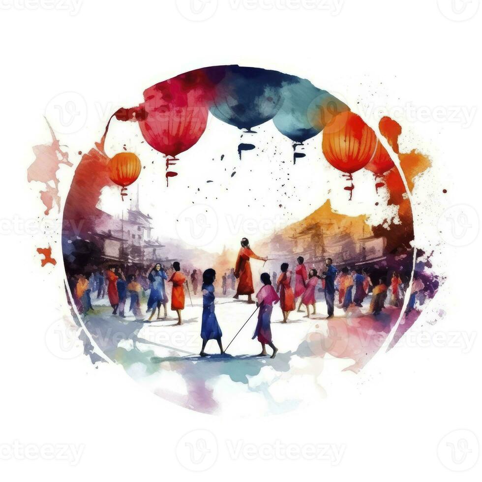 AI generated Lantern Festival in watercolor style. T-shirt Design. AI Generated photo