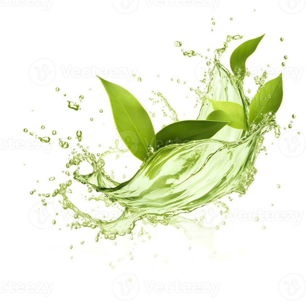 AI generated Green herbal tea wave splash with leaves flow. AI Generated photo