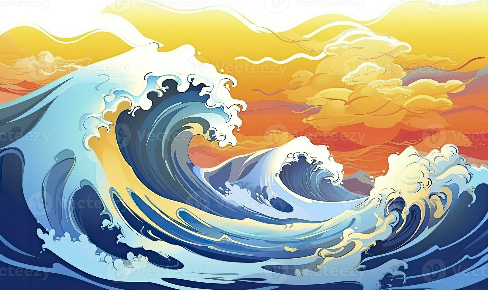 AI generated Ocean wave sun clouds, blue yellow abstract ocean wave. AI Generated. photo