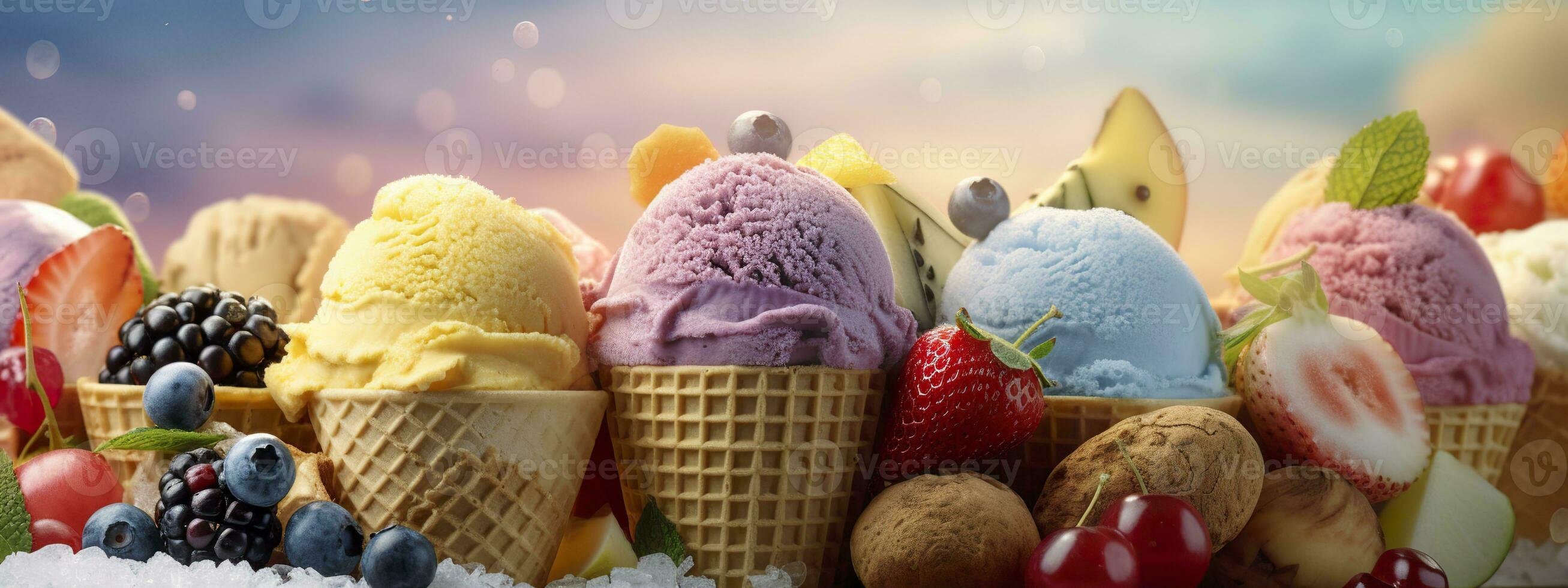 AI generated Banner with ice cream in a waffle cone on a summer day. Generative AI photo