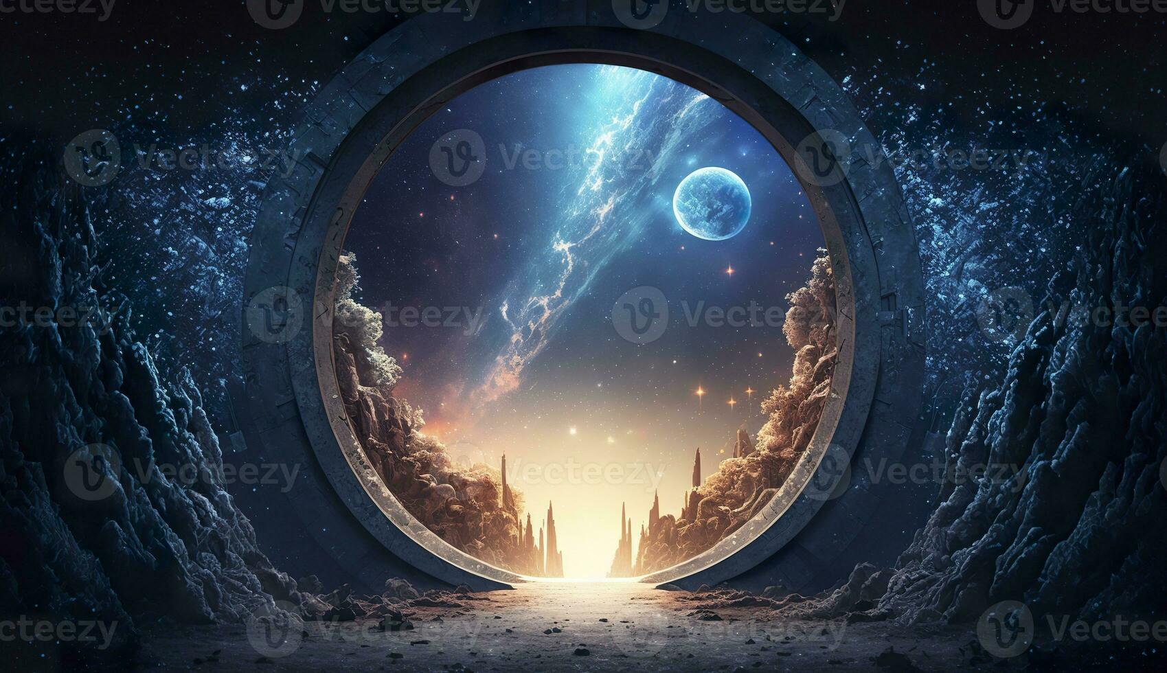 AI generated Portal to another world. Futuristic cosmic landscape with circle tunnel in starry sky. Generative AI photo