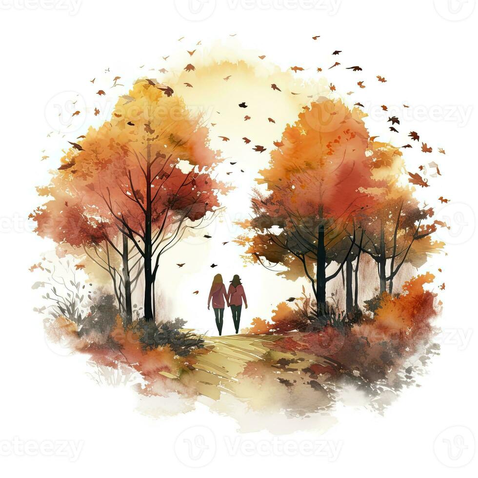 AI generated Watercolor autumn landscape with a couple walking. AI Generated photo