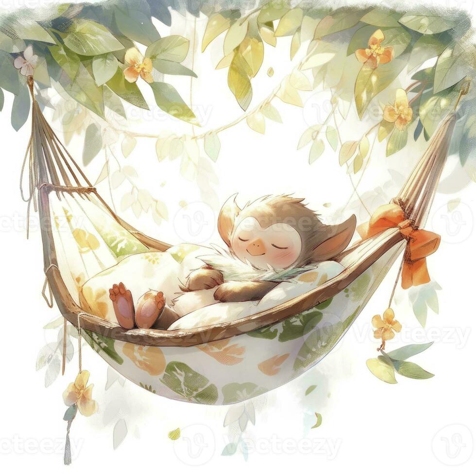 AI generated A sleepy baby monkey in a hammock. watercolor illustration. AI Generated photo