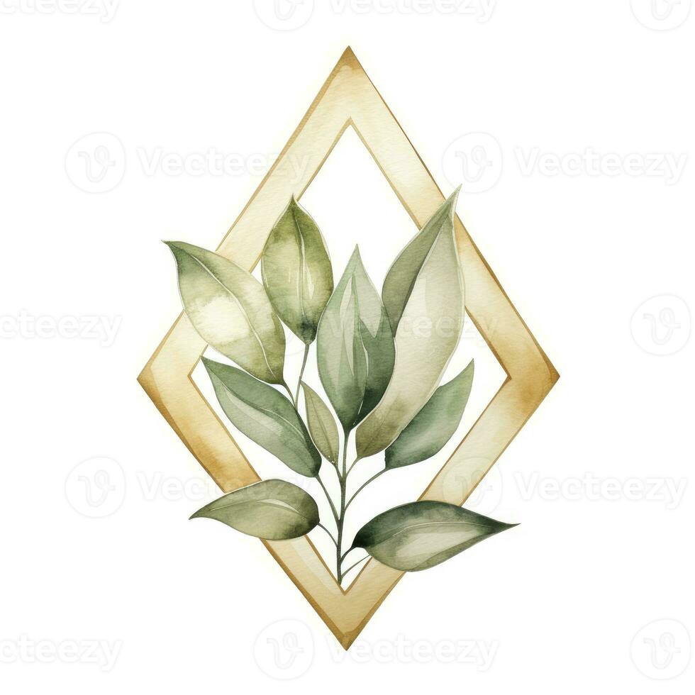 AI generated Watercolor geometry shape wreath with green leaf. AI Generated photo