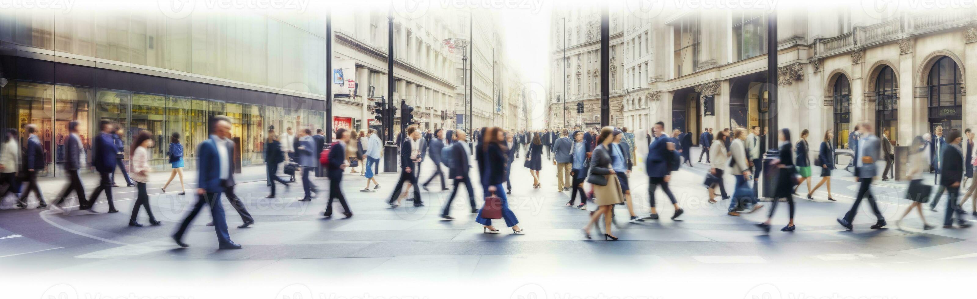 AI generated Walking people blur. Lots of people walk in the City of London. Wide panoramic view of people crossing the road. AI Generated photo