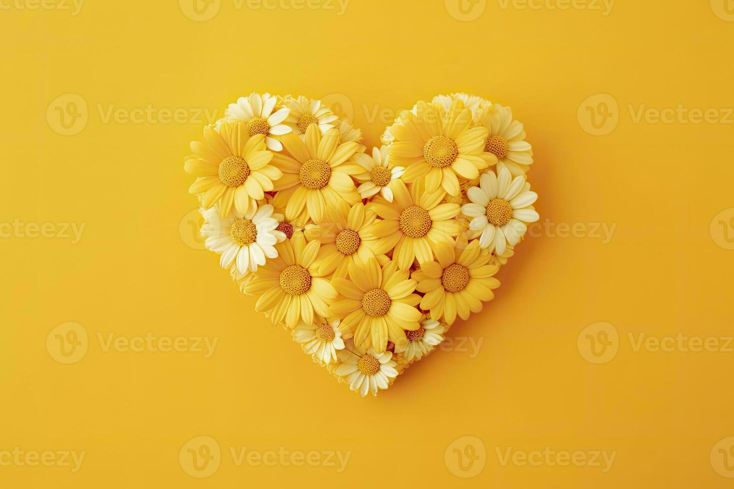AI generated Yellow Heart Shaped By Yellow Daisies Over Yellow Background. AI Generated photo