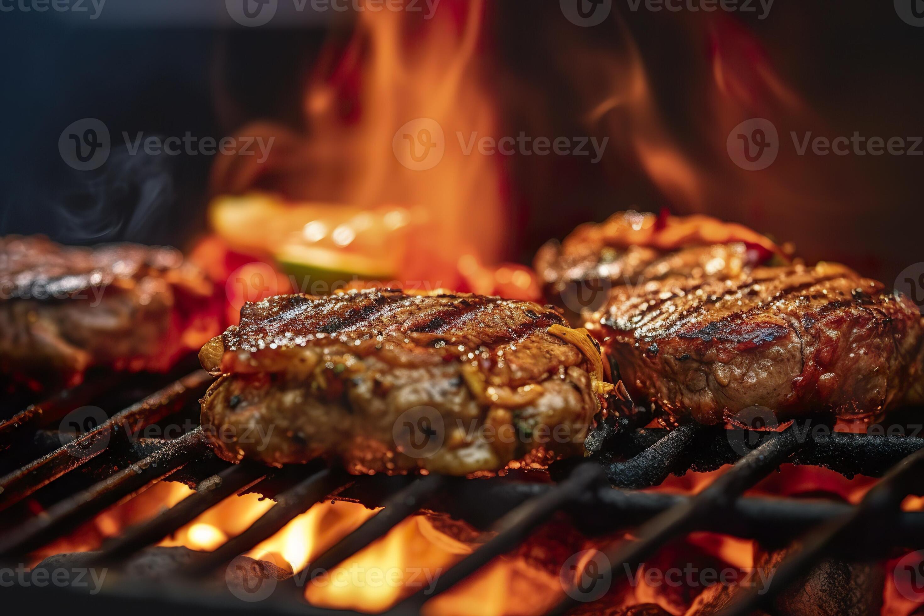 AI generated Meat grilling on a charcoal grill with smoke rising. AI