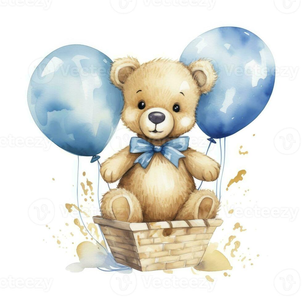 AI generated A watercolor baby teddy bear is sitting in the basket with blue and gold balloons. AI Generated photo