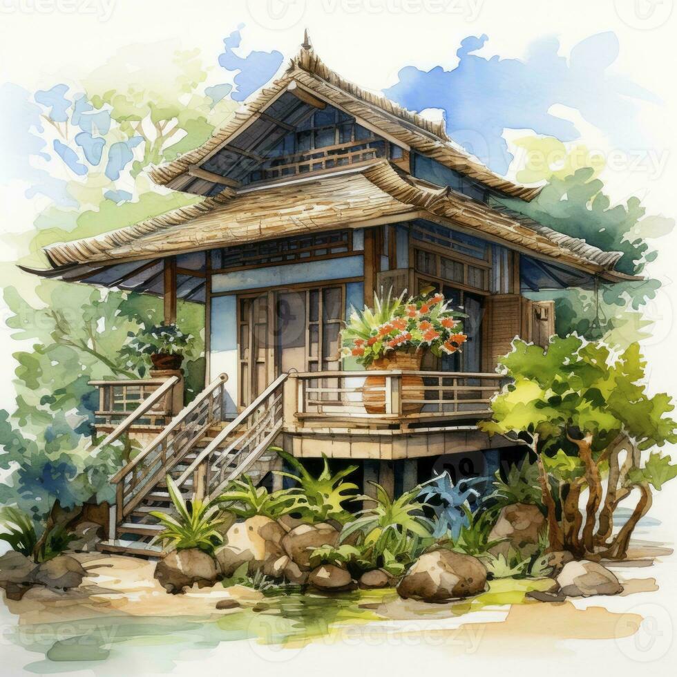 AI generated A watercolored bright serene image of a traditional bahay kubo. AI Generated photo