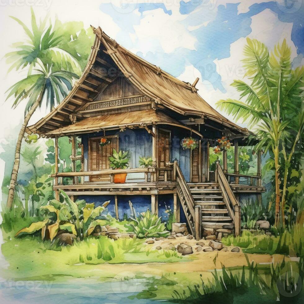 AI generated A watercolored bright serene image of a traditional bahay kubo. AI Generated photo