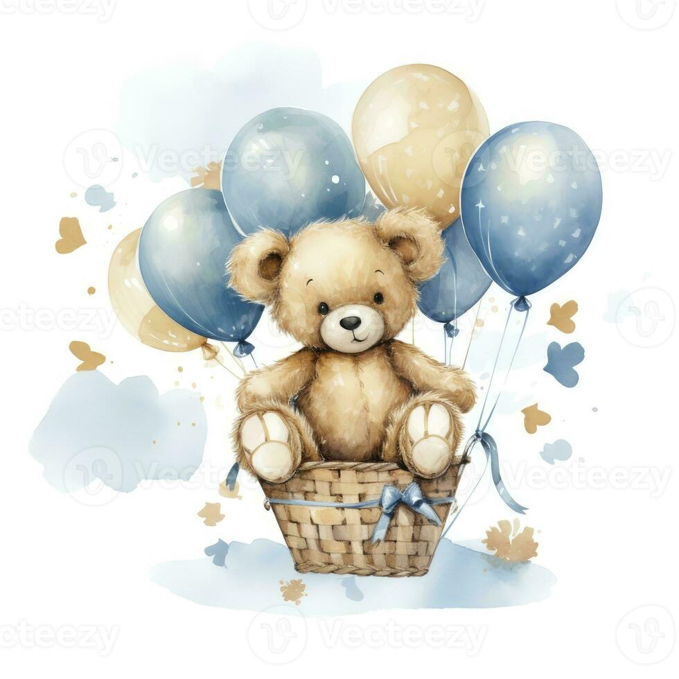 AI generated A watercolor baby teddy bear is sitting in the basket with blue and gold balloons. AI Generated photo