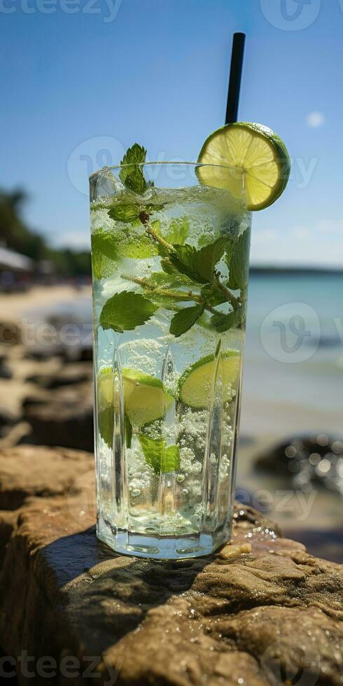 AI generated Stunning photo of cocktail mojito, a sunny summer beach in the background. Generative AI