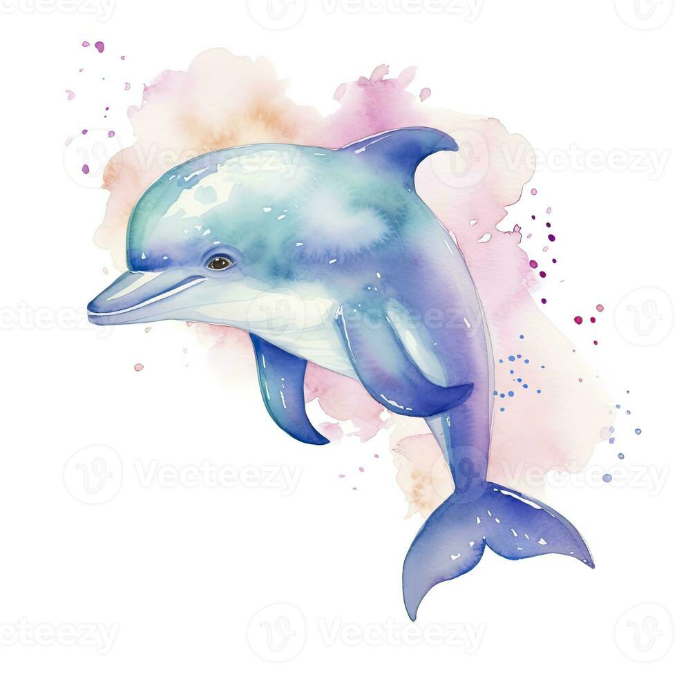 AI generated Watercolor fantasy Baby Dolphin clip art isolated white background. AI Generated photo