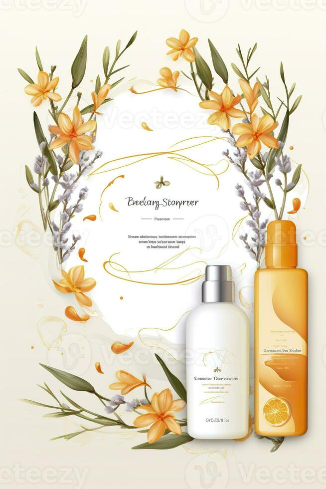 AI generated Beautiful flyer to present a store that sells products, body care, soap, cream, oil. Generative AI photo