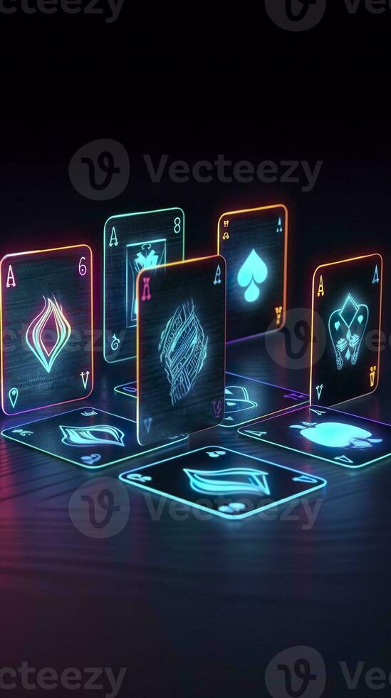 AI generated Some playing cards with glowing neon designs on a tablet. Generative AI photo