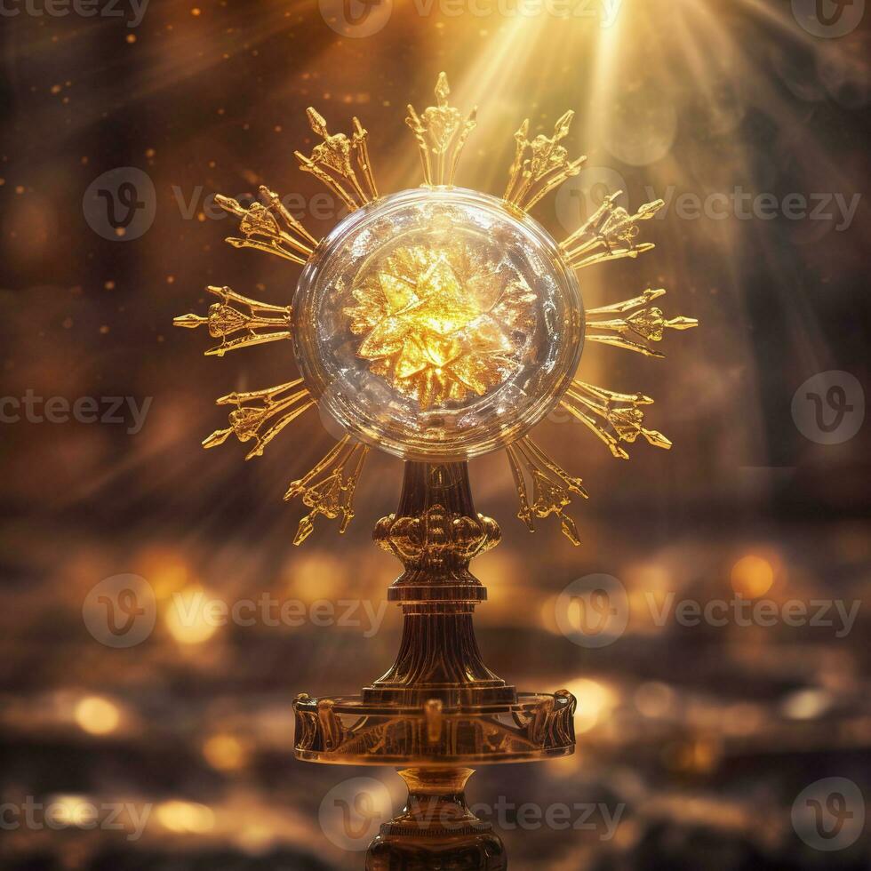 AI generated The golden monstrance with a little transparent crystal center, consecrated host. church defocused background. AI Generative photo