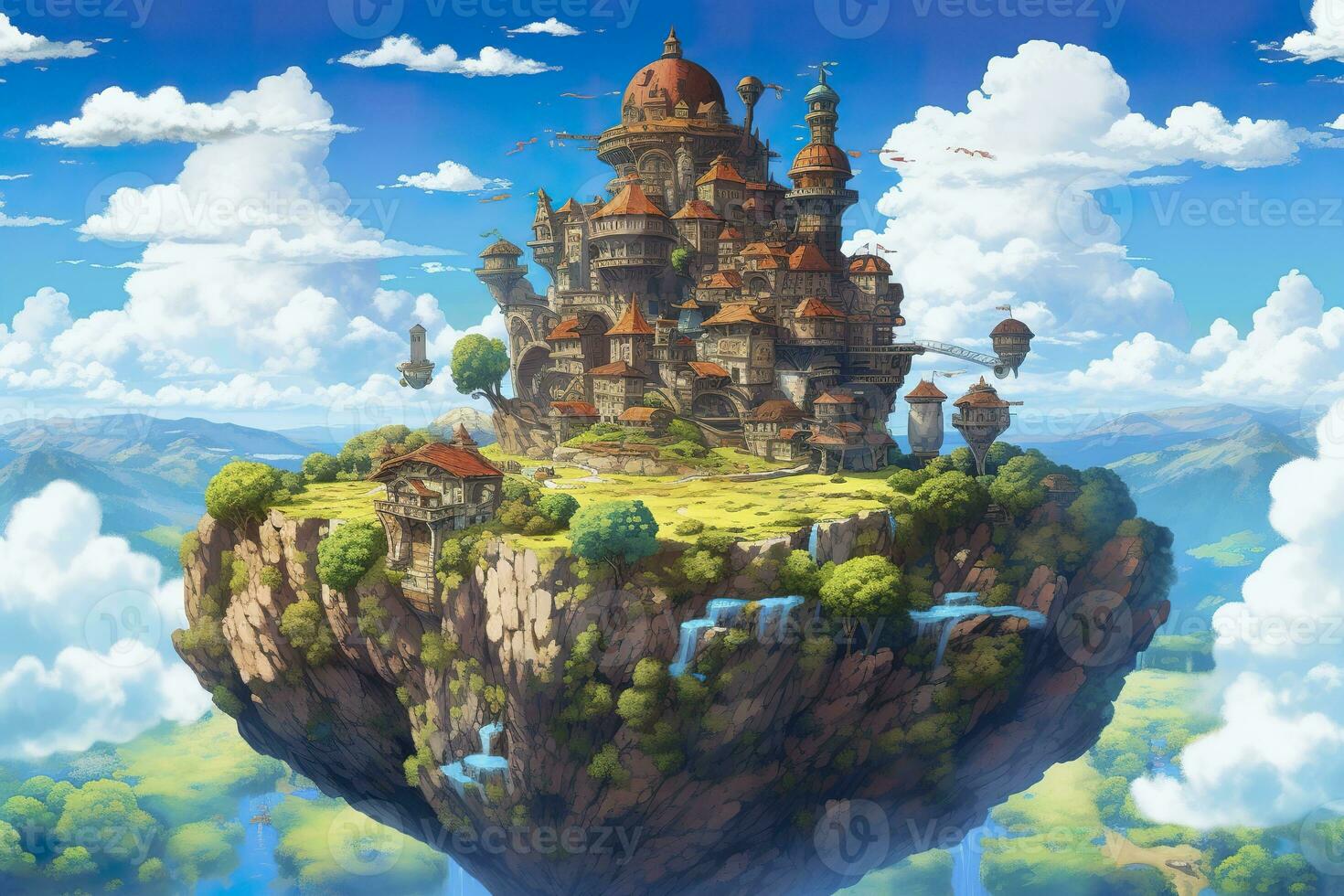 AI generated Ancient Heavenly Floating island in the sky with a castle, vibrant, fantasypunk, AI Generative photo