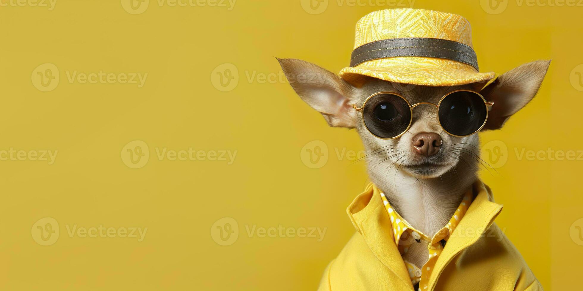 AI generated Cool looking Chihuahua dog wearing funky fashion dress. space for text right side. Generative AI photo