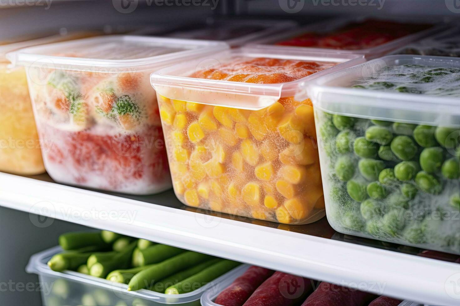 AI generated Frozen food in the freezer. Frozen vegetables. AI Generated photo