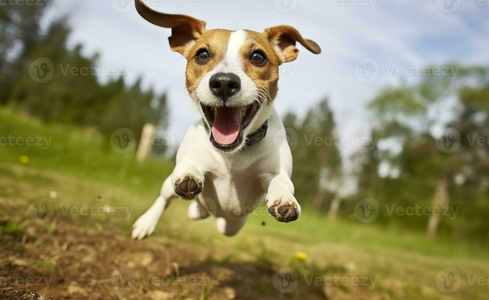 AI generated Jack Russel Parson Dog Run Toward The Camera Low Angle High Speed Shot. AI Generated photo