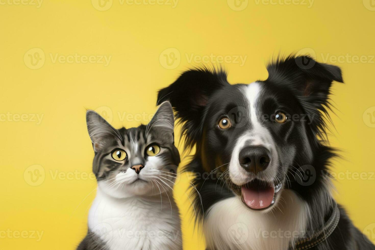 ai generado gato y perro juntos con contento expresiones en amarillo antecedentes. ai generado foto