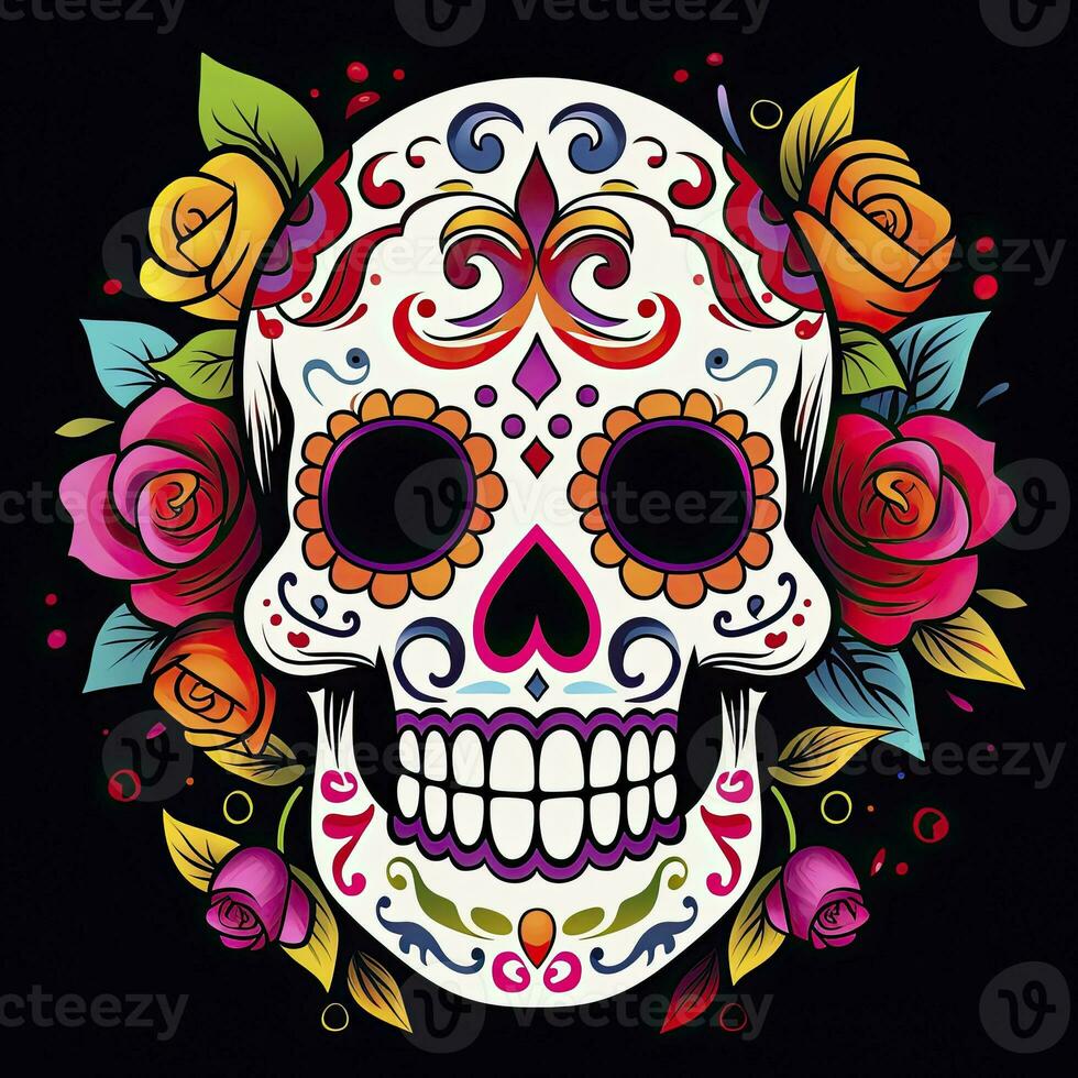 AI generated Mexican roses skull. Mexican roses skull. Dia de los muertos shugar colorful head. AI Generated photo