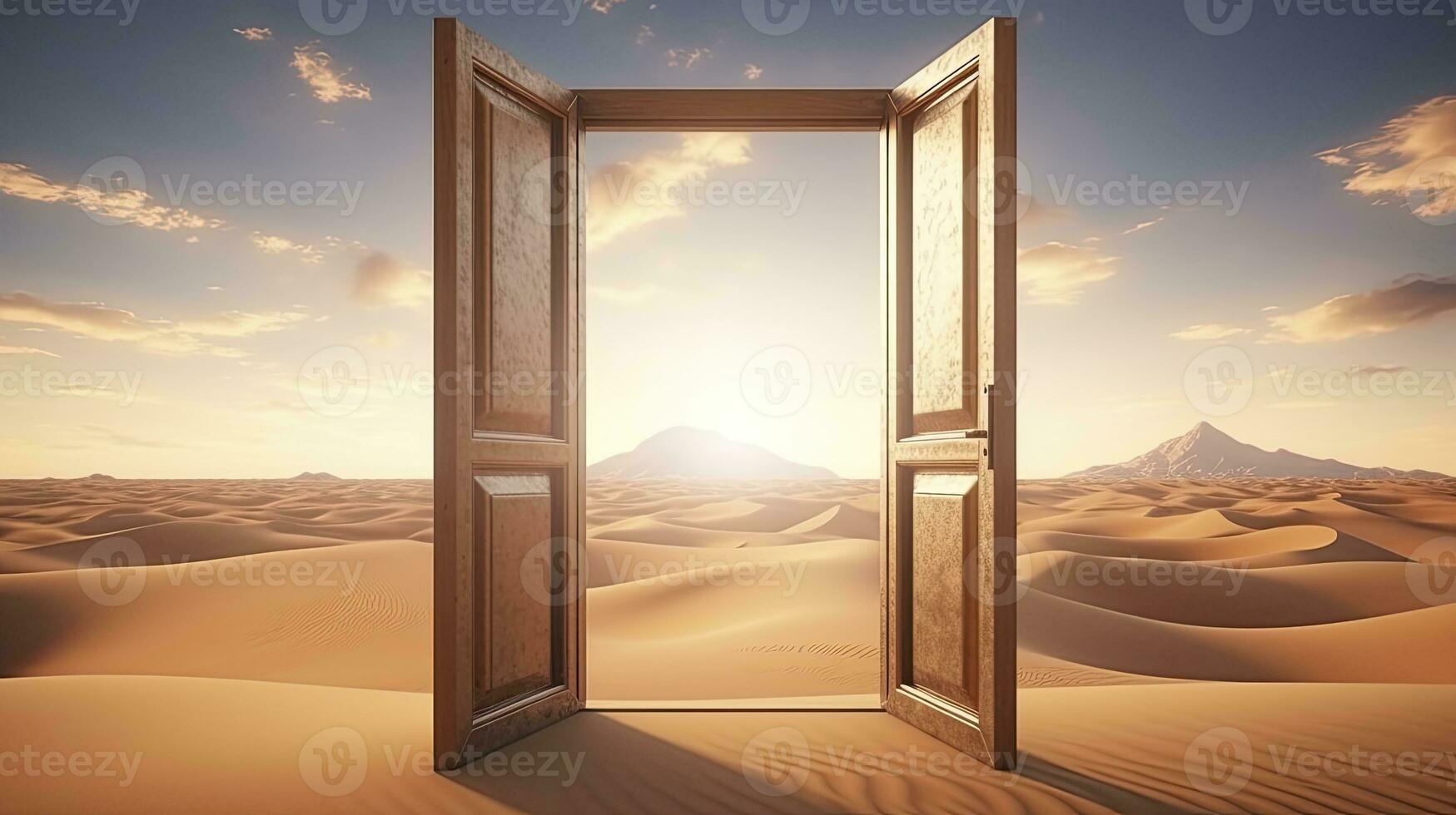 ai generado el abrió puerta en el desierto. desconocido y comienzo arriba concepto. ai generado. foto