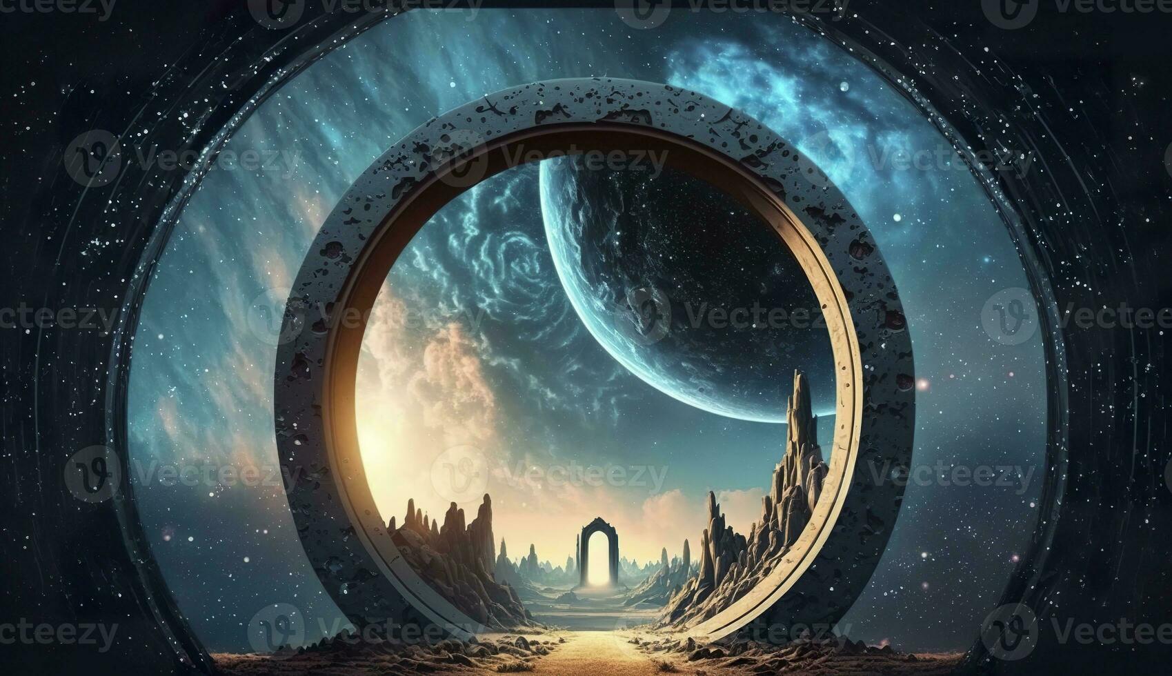 AI generated Portal to another world. Futuristic cosmic landscape with circle tunnel in starry sky. Generative AI photo