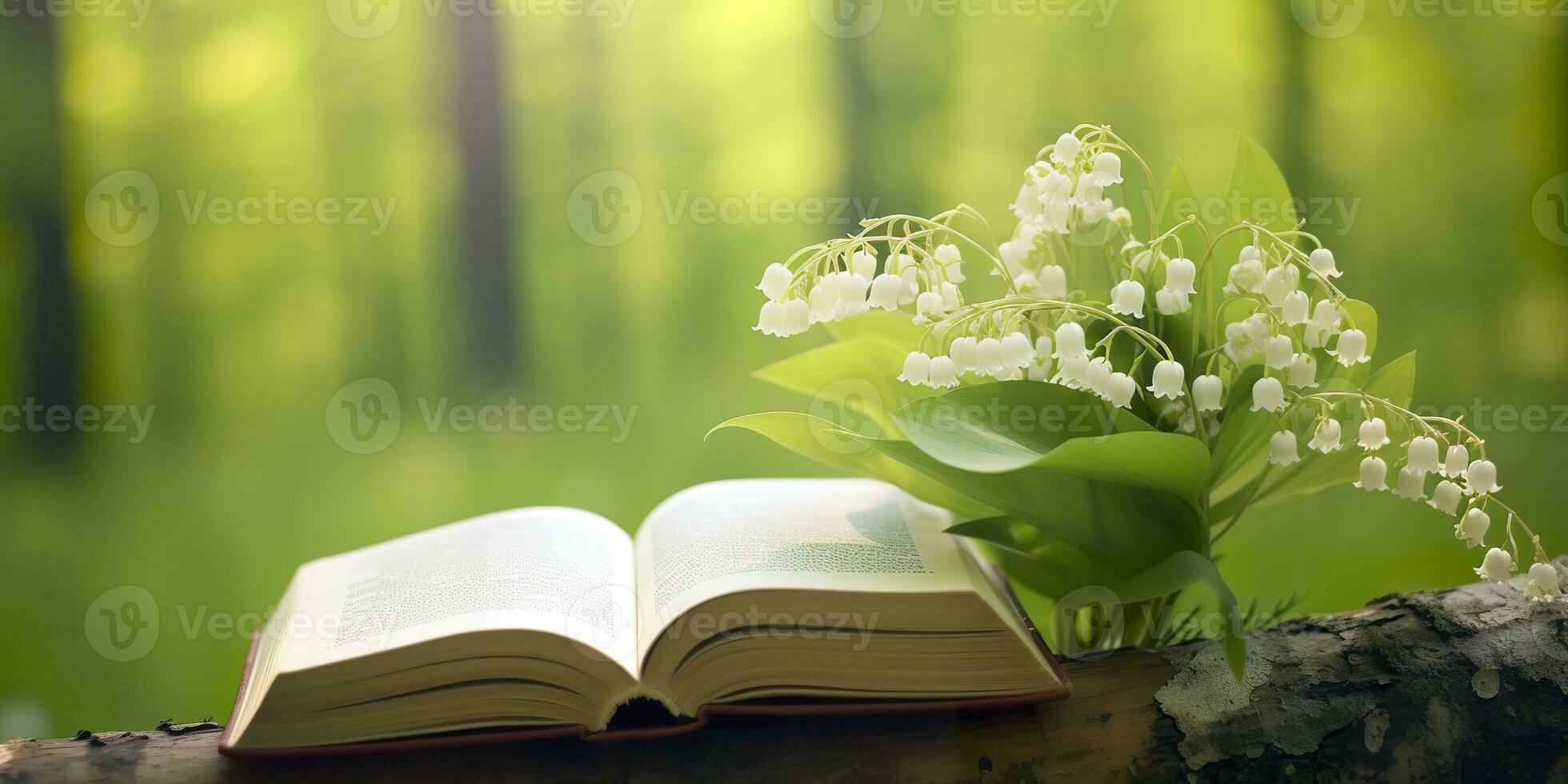 AI generated Lily of the Valley flowers and old books in the forest, green natural background. AI Generated photo