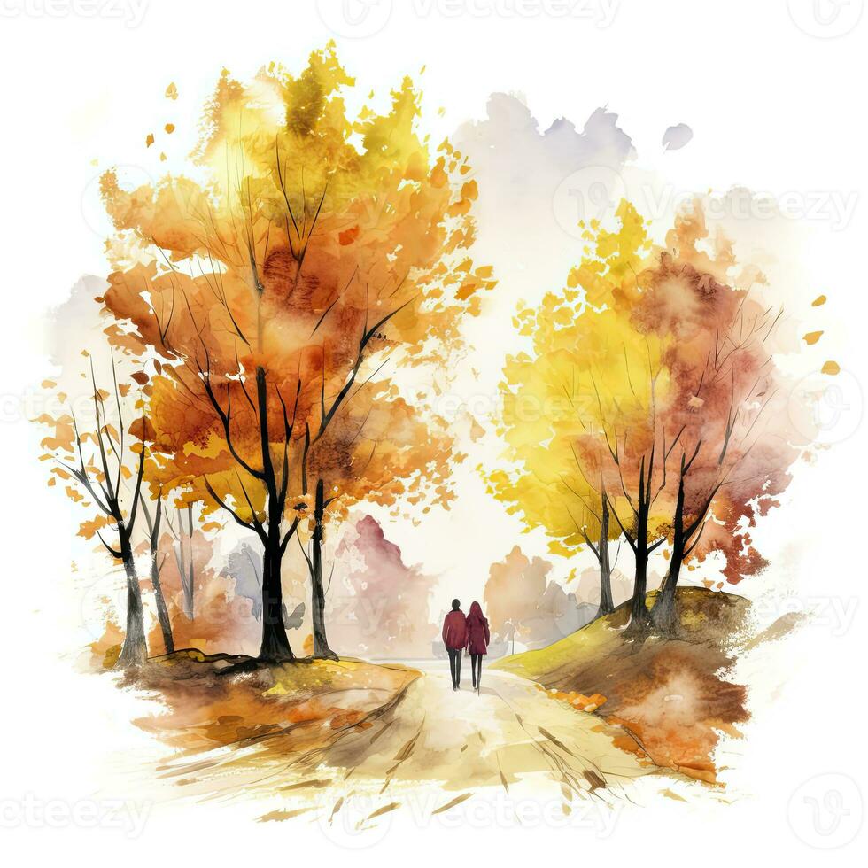 AI generated Watercolor autumn landscape with a couple walking. AI Generated photo