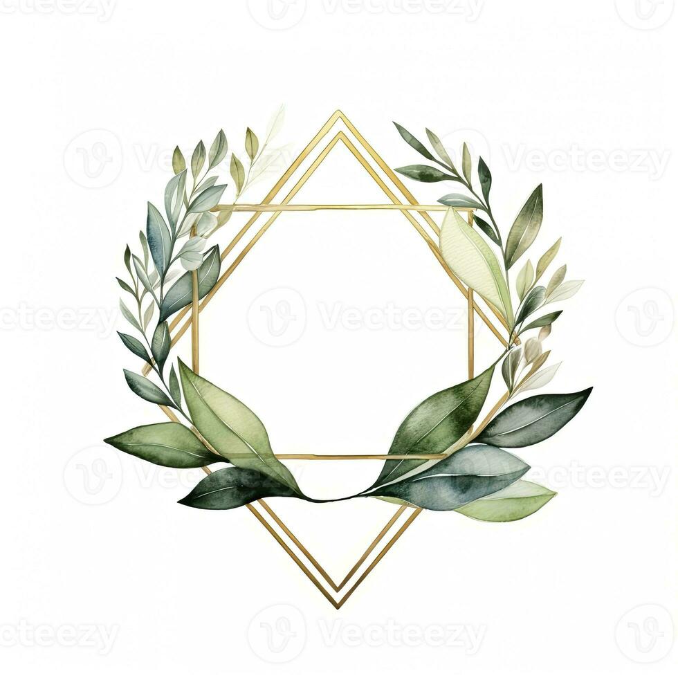 AI generated Watercolor geometry shape wreath with green leaf. AI Generated photo