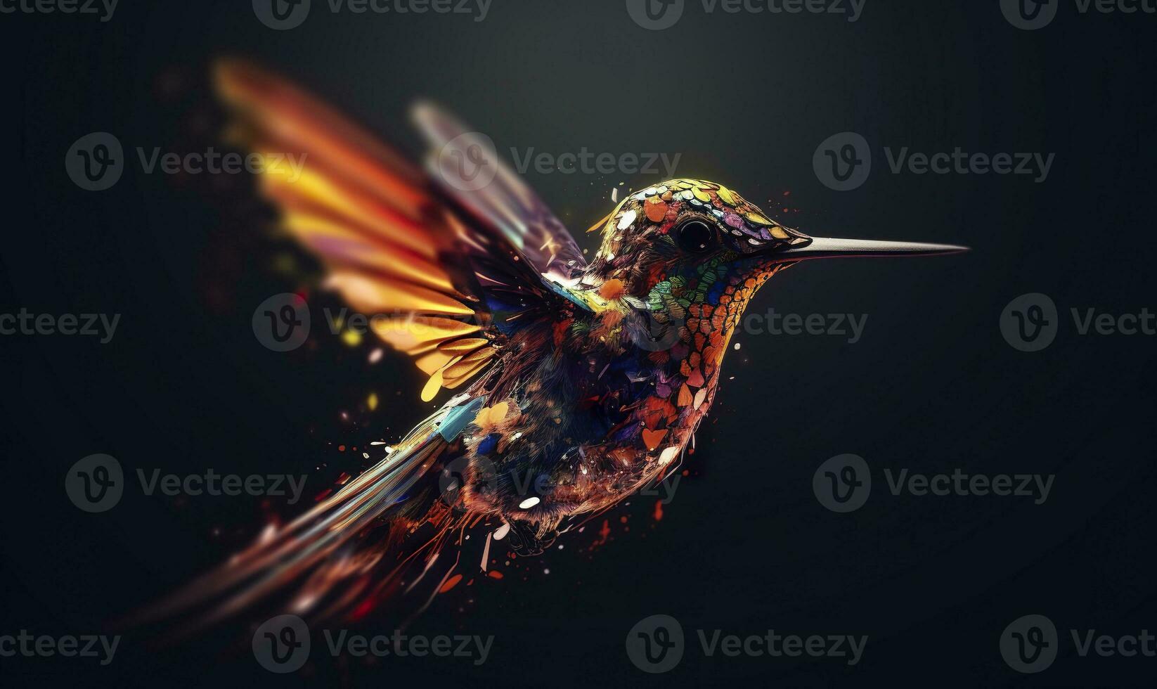 AI generated hummingbird logo with multiple colors flying through the air.  AI Generated photo