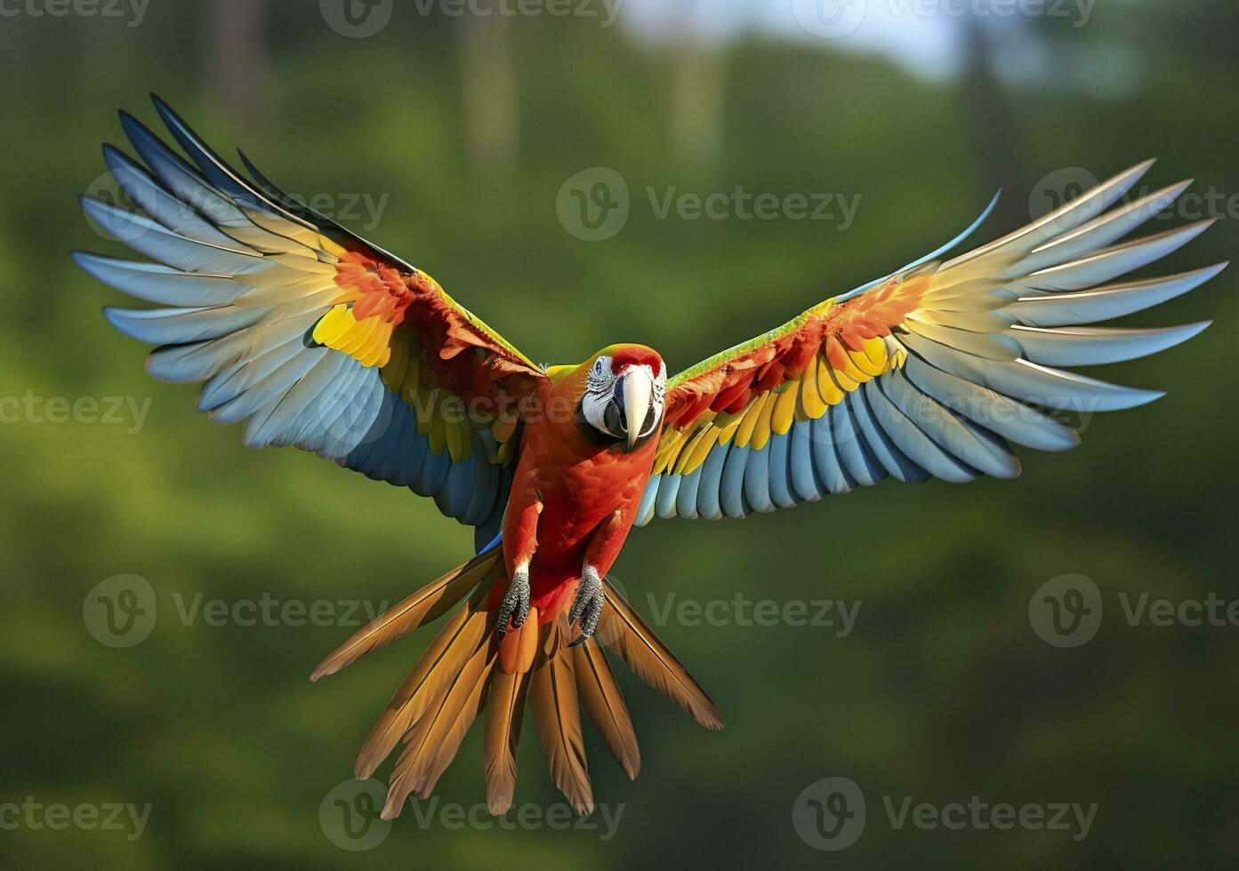 AI generated Flying macaw, beautiful bird. Generative AI photo