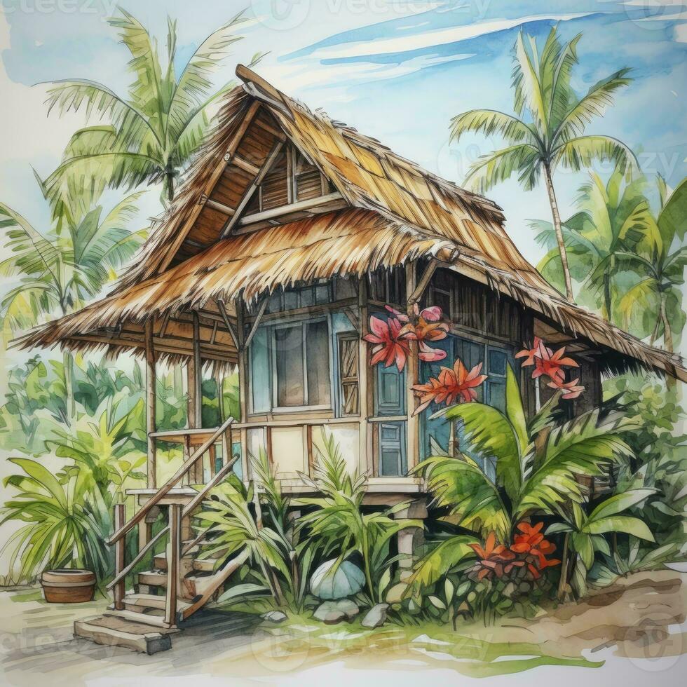 AI generated A watercolored bright serene image of a traditional bahay kubo. AI Generated photo