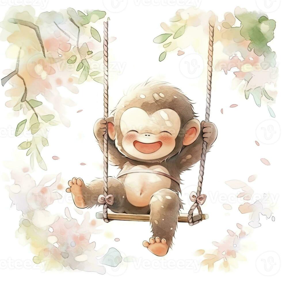 AI generated Cute happy baby monkey on swings on a tree in watercolor. AI Generated photo