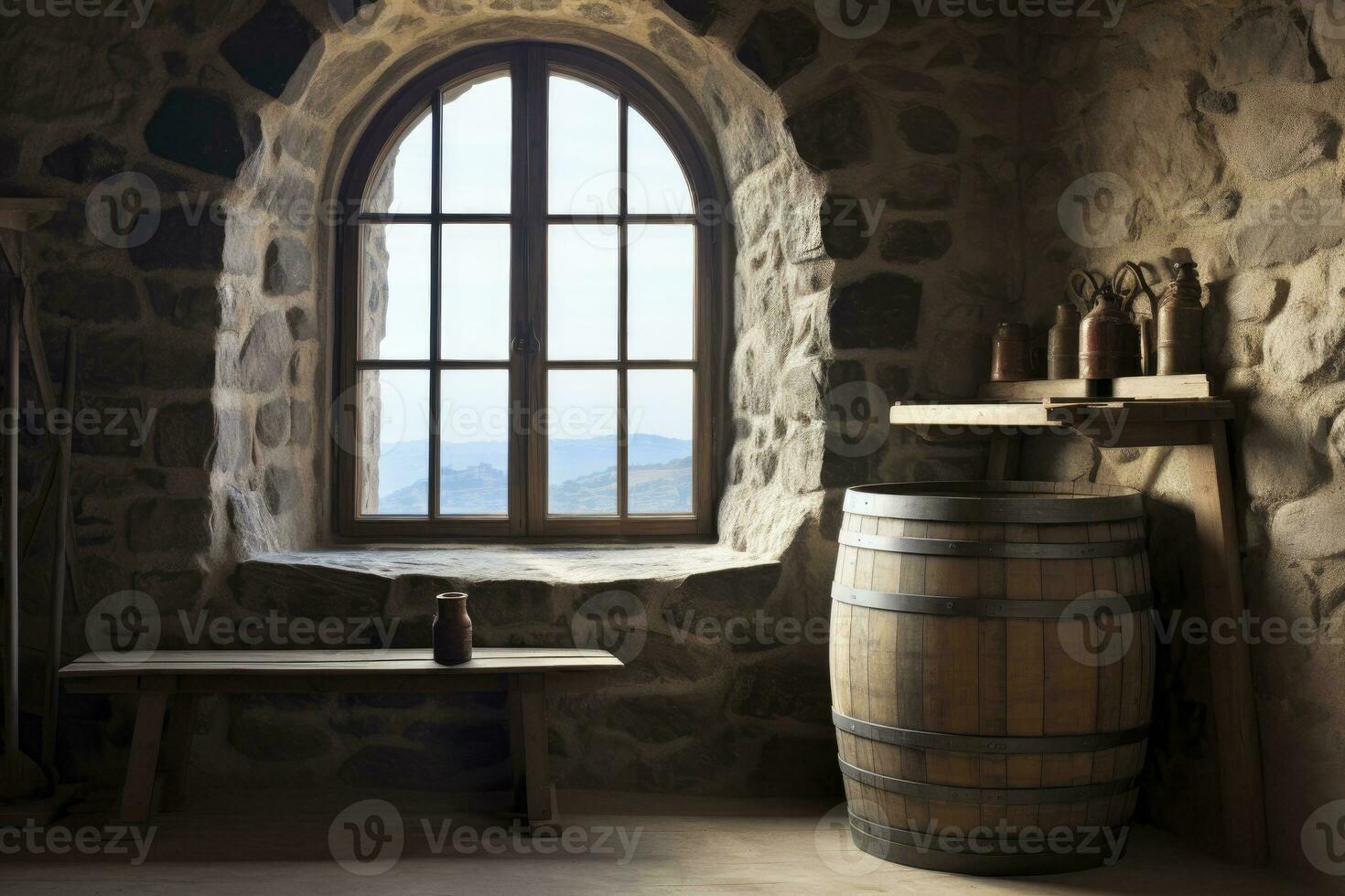 AI generated Barrel in an ancient castle beside the window. AI Generated photo