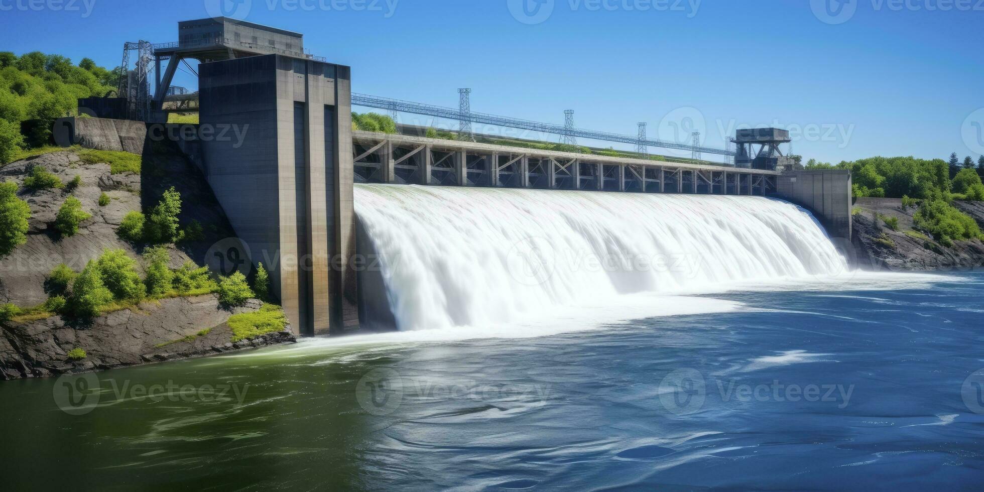 AI generated Hydroelectric dam generating green energy from flowing water.   AI Generated. photo