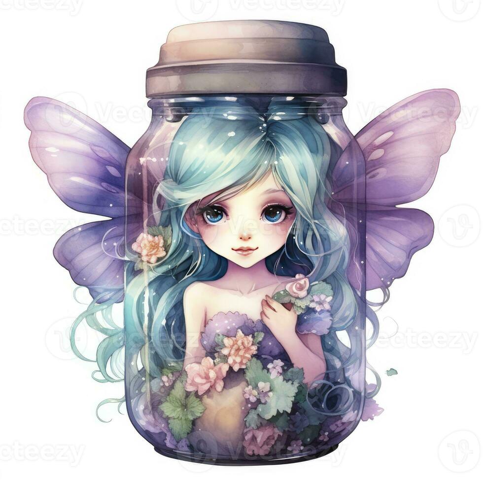 AI generated Watercolor Fantasy Pastel Goth Tiny Fairy in a Jar. AI Generated photo