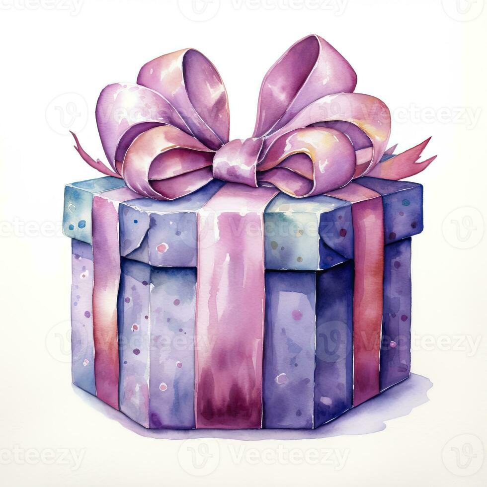 AI generated Watercolor birthday present with bow isolated on white background.  AI Generated photo