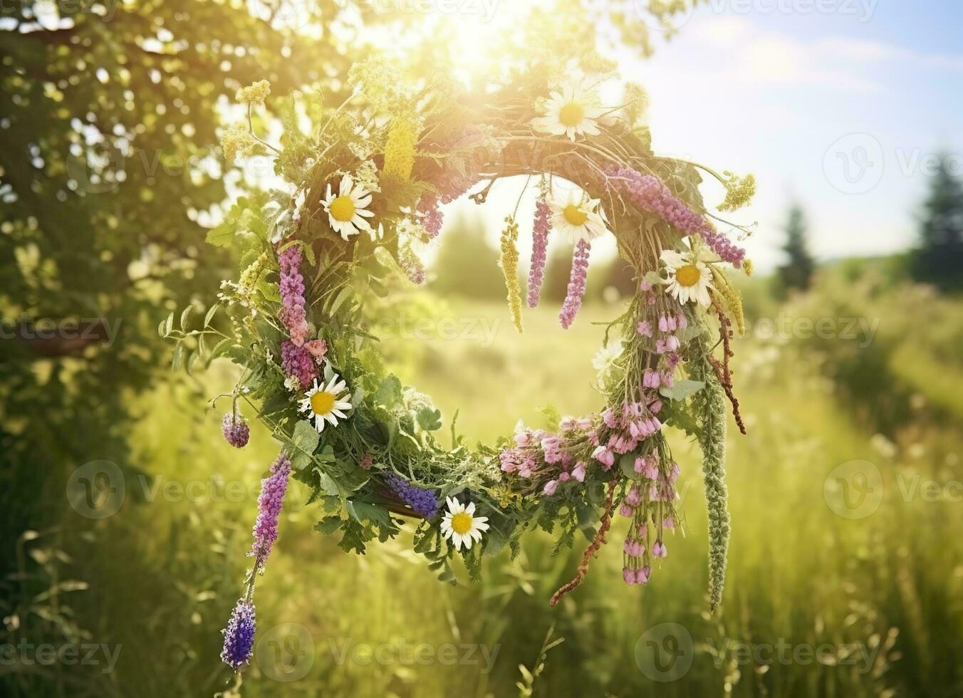 AI generated Rustic wildflowers wreath on a sunny meadow. Summer Solstice Day, Midsummer concept. Generative AI photo