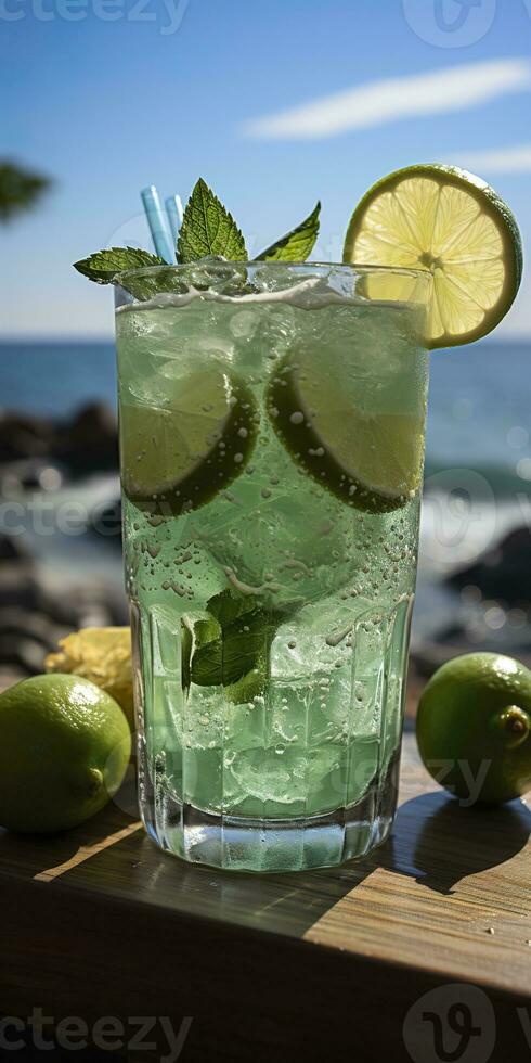 AI generated Stunning photo of cocktail mojito, a sunny summer beach in the background. Generative AI