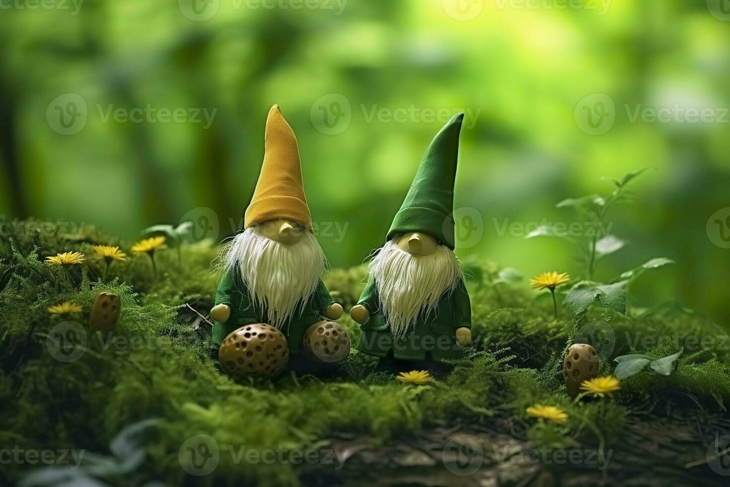 AI generated Toy Irish gnomes in a mystery forest, abstract green natural background. Generative AI photo