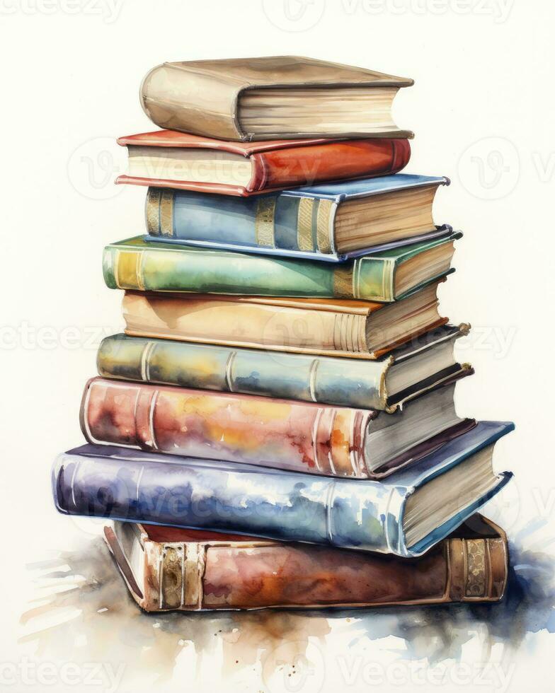 AI generated Watercolor pile of books isolated on white background. AI Generated photo