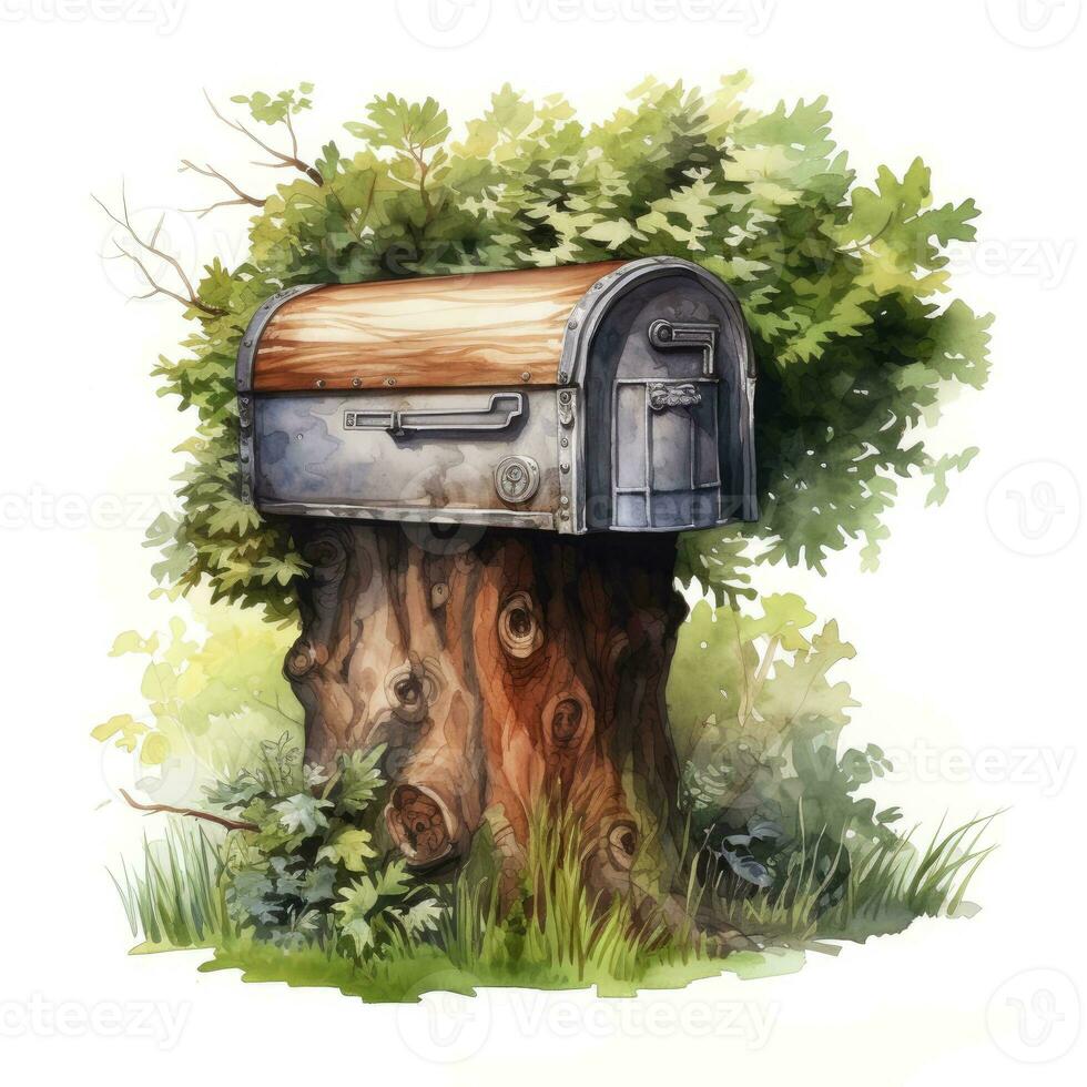 AI generated Watercolor mailbox in a tree on a white background. AI Generated photo